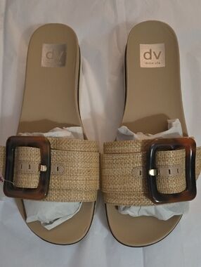 Dolce Vita Natural Raffia Slide Sandals with Tortoiseshell Buckle
